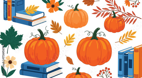 Autumnal arrangement with pumpkins leaves flowers and books on a white background