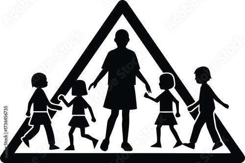 Black and White School Crossing Sign Depicting Children with a Crossing Guard Present
