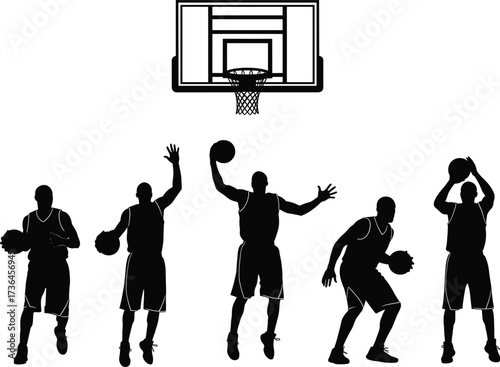 Basketball shooting silhouette vector set, black and white sports illustration showing player motion, hoop, jump shot, release, follow-through pose
