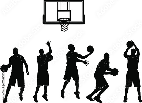 Basketball player silhouette vector set, black and white sports illustration showing shooting technique, hoop, ball motion, athletic pose breakdown