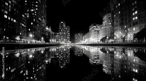 Fototapeta Naklejka Na Ścianę i Meble -  Illuminated city skyscrapers and buildings are reflected in a body of water, creating a symmetrical and visually striking nighttime urban landscape under a dark, moody sky.