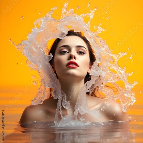 Photorealistic photograph, woman in splashing water, surreal infrared tones, otherworldly appearance, soft contrast, soft saturation, yellow gradient background,  Photo of the Year style.