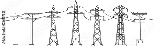 Electrical transmission towers and utility poles with power lines, energy distribution infrastructure, electricity grid system, industrial landscape, substation connection, flat vector