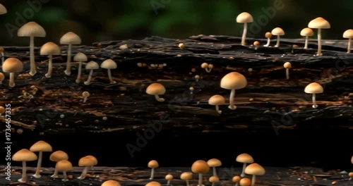 Forest floor with mushrooms growing on logs