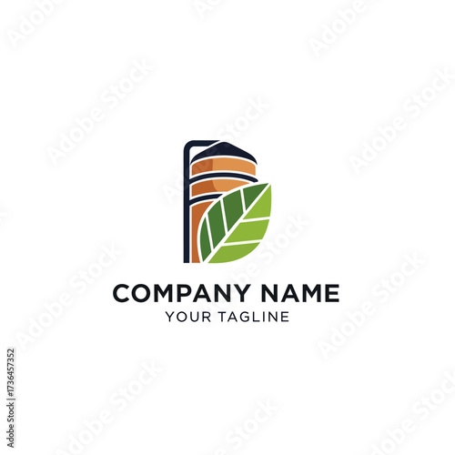 Modern agricultural and bioenergy company logo design featuring a stylized silo and a green leaf, with company name and tagline on a white background, symbolizing sustainability and growth., Flat