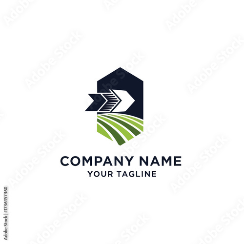 Modern Hexagonal Logo Design for Agricultural Business Featuring Stylized Fields and a Progress Arrow on a White Background, Flat Vector Elements, Vector Illustration, Simple Vector, Stylized Vector