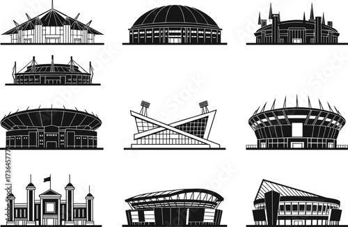 Black and White Stadium Icon Set Featuring Dome Structures, Classical Arenas, Modern Sports Buildings, Lighting Towers, and Architectural Roof Designs