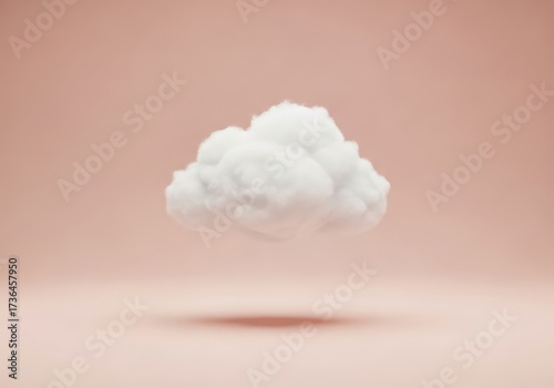 A fluffy white cloud floating in a soft muted pink studio setting surrounded by a gentle shadow showcasing its unique texture and the simple clean environment