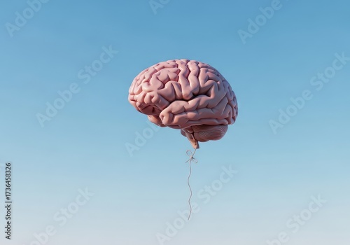 A pink human brain floating against a bright blue sky showcasing the organs intricate texture and form with soft lighting