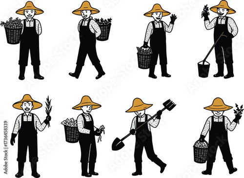 Farmer, Farming, Agriculture, Harvest, Worker, Labor, Rural, Village, Field, Crop, Basket, Tool, Hoe, Shovel, Pitchfork, Hat, Produce, Garden, Lifestyle, Tradition