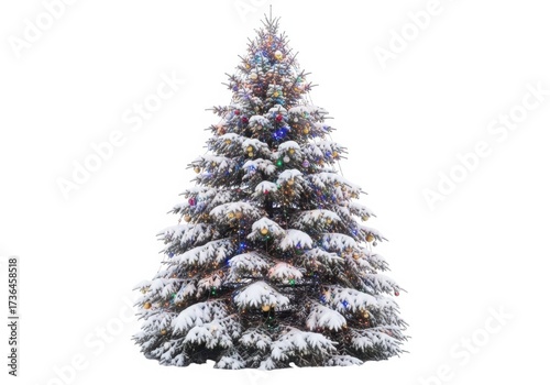 Snow-covered christmas tree adorned with festive ornaments ready for the holidays isolated on white background