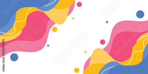 Background Liquid waves shapes. Yellow pink and blue color banner. Memphis beautiful fluid backdrop