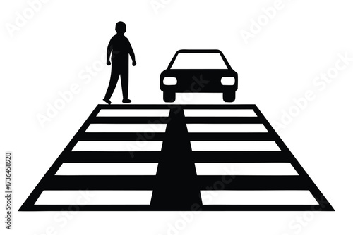 Black and White Silhouette of Pedestrian Crossing with Person and Vehicle Present