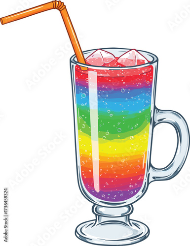 Colorful rainbow layered drink in tall glass with ice cubes and straw, vibrant refreshing mocktail cocktail beverage, artistic summer party smoothie presentation