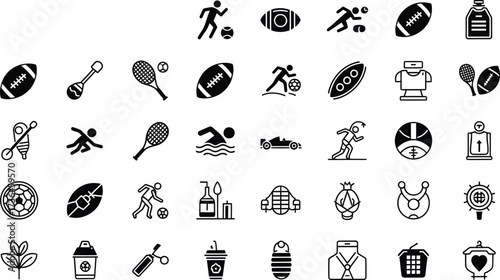 Vector art of collection of 25 sports icons, including football, running, tennis, swimming, and more