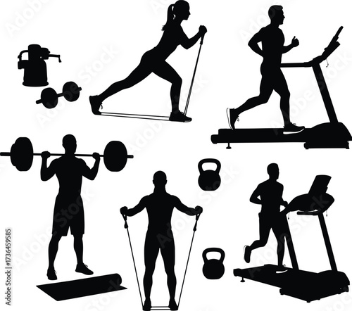 fitness, workout, exercise, gym, treadmill, run, cardio, strength, barbell, kettlebell, resistance, band, training, health, sport, athlete, body, silhouette, lifestyle, energy