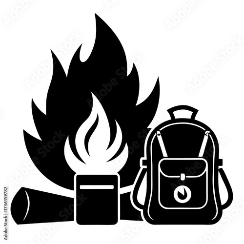 Embrace the Outdoors with a Cozy Campfire and Backpack Ready for Adventure, Perfect for Inspiring Travel and Exploration, Originally Scalable Vector Graphic