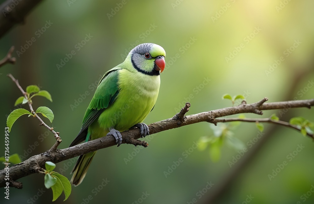 Fototapeta premium Green monk parakeet bird perches on thin tree branch. Parrot looks to side with red beak. Small leaves surround bird in natural outdoor environment.
