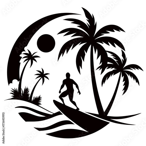 Bold surfer carving ocean waves near tropical palm trees, a perfect emblem for surf culture and summer adventures, originally a scalable vector graphic