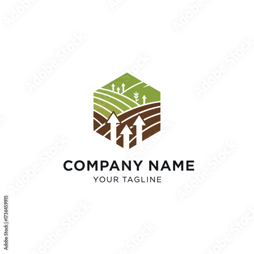 Modern Agricultural Farm Logo Design featuring Green Fields, Brown Soil, and Upward Growth Arrows within a Hexagon Shape, suitable for Agritech and Sustainable Farming Companies, Flat Vector