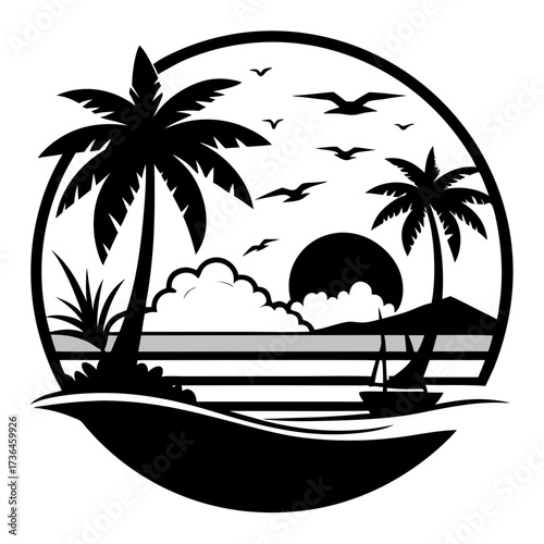 Dreamy tropical island escape with palm trees, birds, and sailboat at sunset, perfect for vacation vibes and travel inspiration, originally a scalable graphic