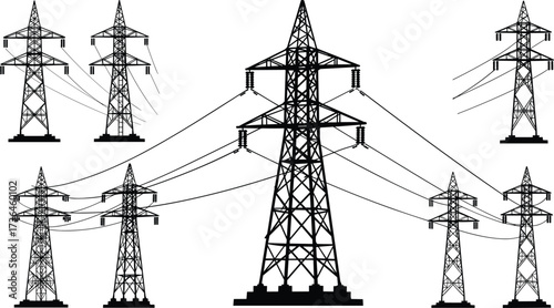 Electrical transmission towers, power pylons, high voltage power lines, energy infrastructure, electricity distribution, industrial grid system, silhouette network, flat vector illustration