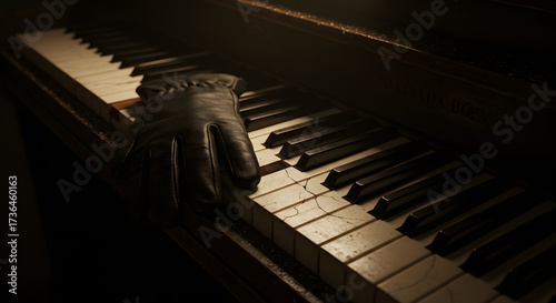 Black Gloves Resting on Broken Piano Keys