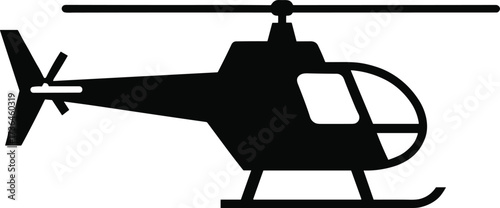 Black silhouette of helicopter icon with rotor blades and landing skids, isolated aircraft vector for aviation, transport, military design themes