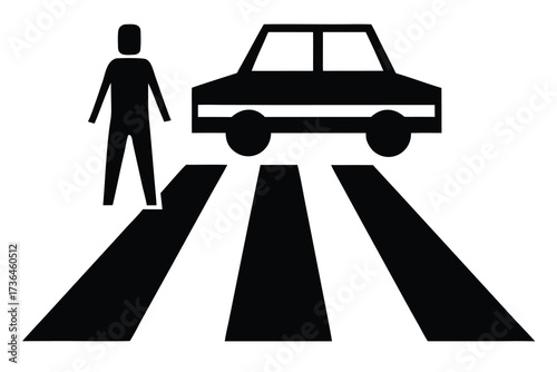 Black Pictogram Illustrating Pedestrian Crossing with Human Figure and Car Over Zebra Stripes