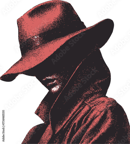 Mysterious woman in wide-brimmed hat sketch, hand drawn noir style — stock vector