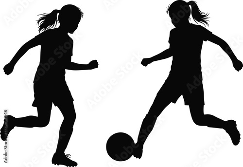 Black silhouette of two girls playing soccer, active sports vector showing teamwork, motion, ponytails, ball control, and athletic movement