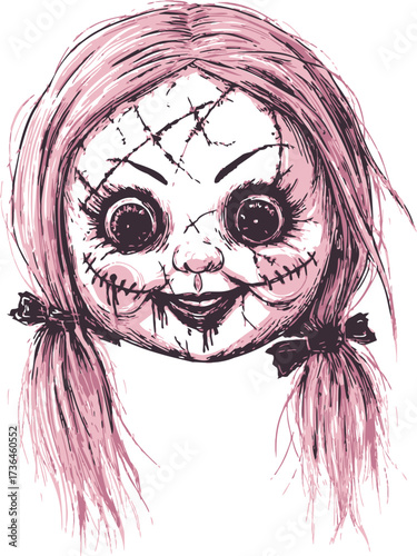 Creepy doll face sketch, hand drawn horror style with stitched scars and pigtails — stock vector