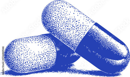 Capsule pills sketch hand drawn style blue stippled shading isolated — stock vector