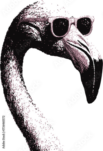 Flamingo sketch hand drawn with sunglasses, close up minimalist portrait — stock vector