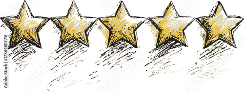 Five stars sketch hand drawn rating with gold color and pencil shading — stock vector