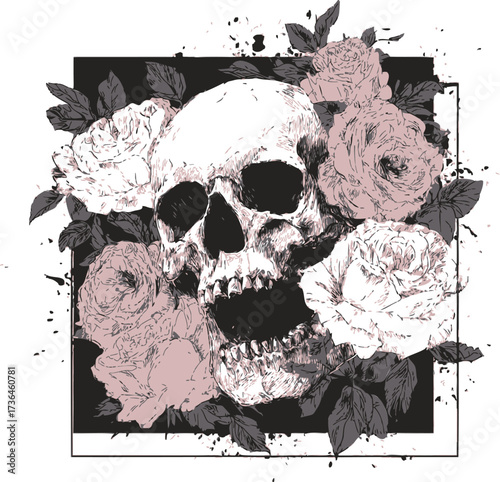 Skull sketch hand drawn with roses floral frame grunge style — stock vector