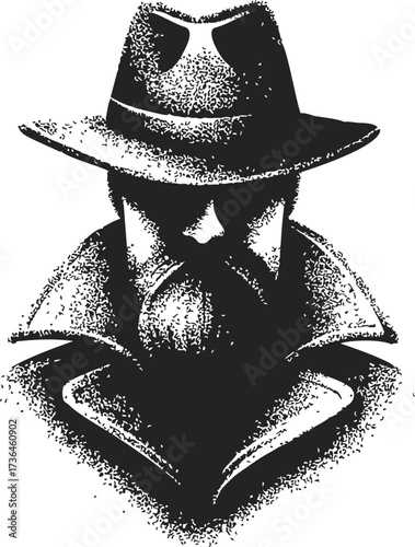 Detective sketch hand drawn mysterious man in fedora and trench coat — stock vector