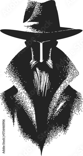 Mysterious figure sketch, hand drawn style with wide brim hat and trench coat — stock vector