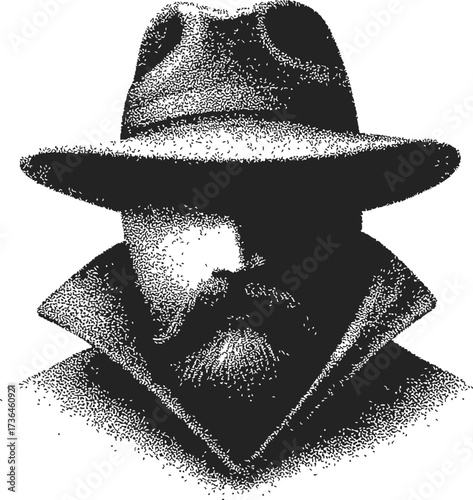 Noir detective sketch, hand drawn style, man in fedora and trench coat, shadowed face — stock vector