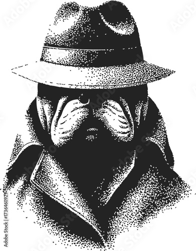 Bulldog in trench coat and fedora hat sketch, hand drawn noir detective style — stock vector