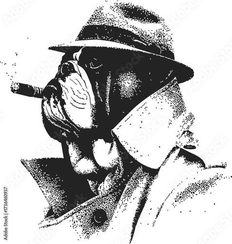 Bulldog detective sketch, hand drawn style, wearing trench coat and fedora, smoking cigar — stock vector