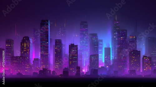 Illuminated cityscape at night displays a futuristic scene with tall buildings and a glowing, hazy atmosphere, illuminated with neon pink, purple, and blue lights, creating a visually stunning and...