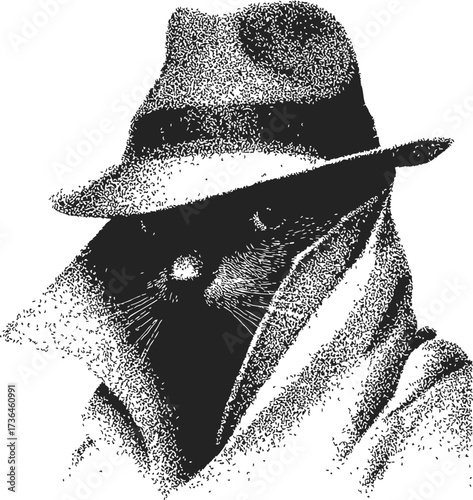 Cat detective sketch, hand drawn style, wearing trench coat and fedora — stock vector