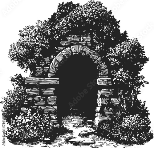 Stone archway sketch hand drawn with overgrown plants and ancient pathway — stock vector