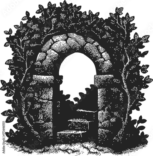 Stone archway sketch hand drawn with overgrown vines and ancient steps — stock vector