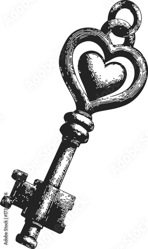 Heart key sketch, hand drawn vintage ornate key with heart shape top — stock vector