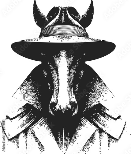 Horse in trench coat and wide brim hat sketch, hand drawn detective style — stock vector