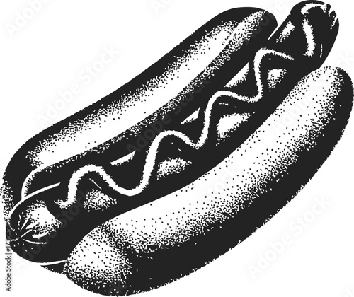 Hot dog sketch hand drawn with mustard in retro engraving style — stock vector