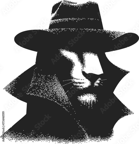Lion detective sketch, hand drawn noir style with hat and trench coat — stock vector