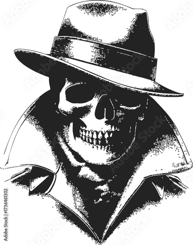 Skull in fedora sketch, hand drawn style, wearing trench coat — stock vector